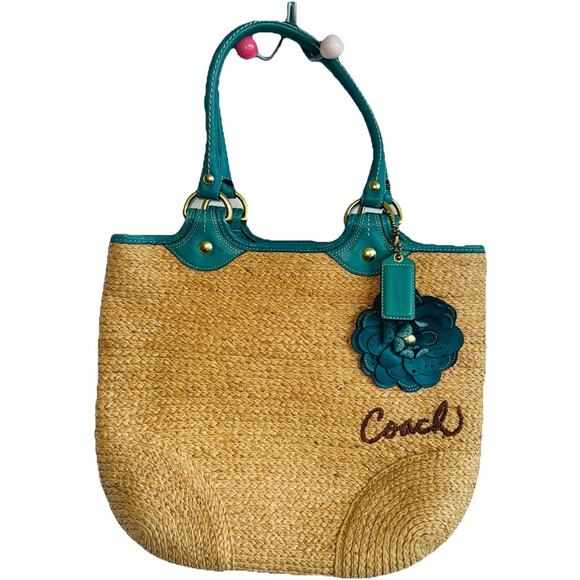 Coach Handbags - Vintage Coach Bleecker Natural Straw Tote Bag Teal Leather Boho Chic 15x13" Y2K